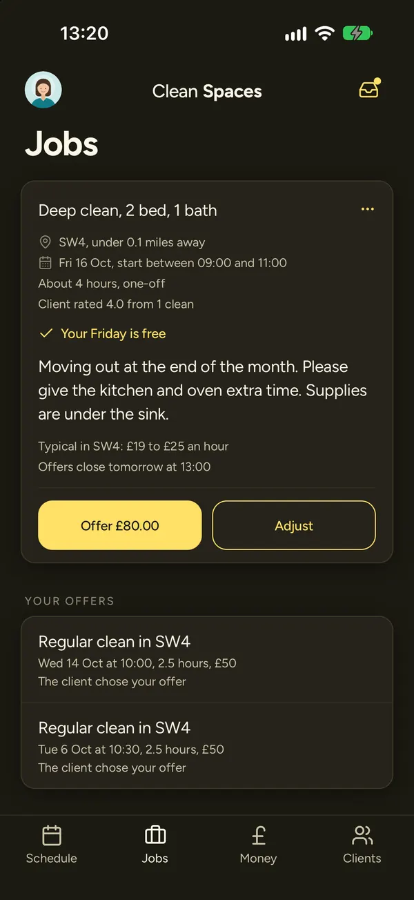 The Jobs tab showing a deep clean in SW4 with the note Your Friday is free and an Offer £80.00 button